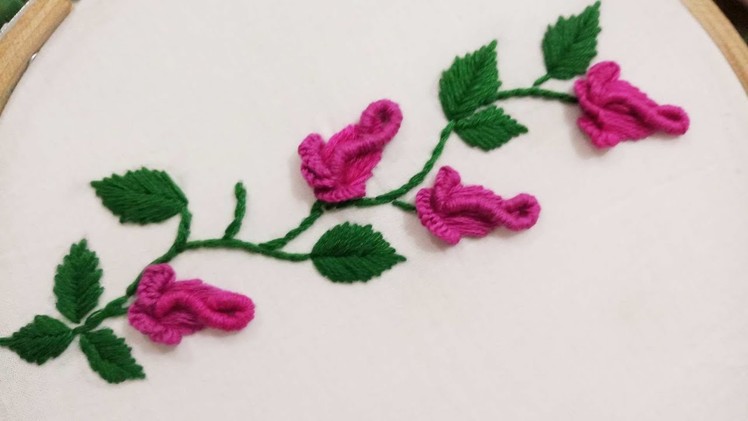 Hand embroidery tutorial of a rosebuds branch