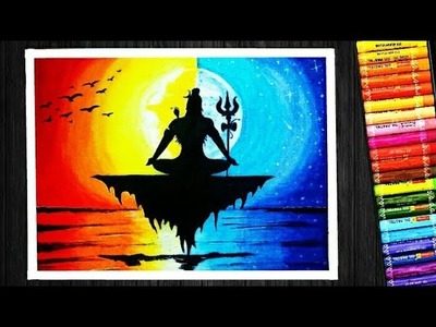 Oil Pastel Colorful Lord Shiva Sunset and Moonlight Scenery Drawing | for Beginners