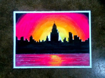 Scenery of City sunset step by step oil pastels drawing !! For kids and beginners