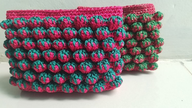 Crochet tutorial dompet rajut motif strawberry.strawberry stitch