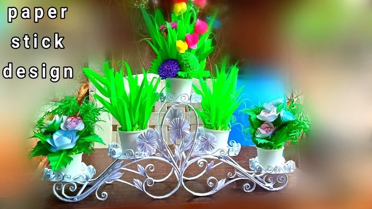 Paper stick flower vase. wonderful flower vase making. flower pot stand paper art