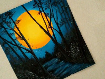 An easy nature night view scenery painting || Sunset Acrylic painting || Sun in the dark scenery ||