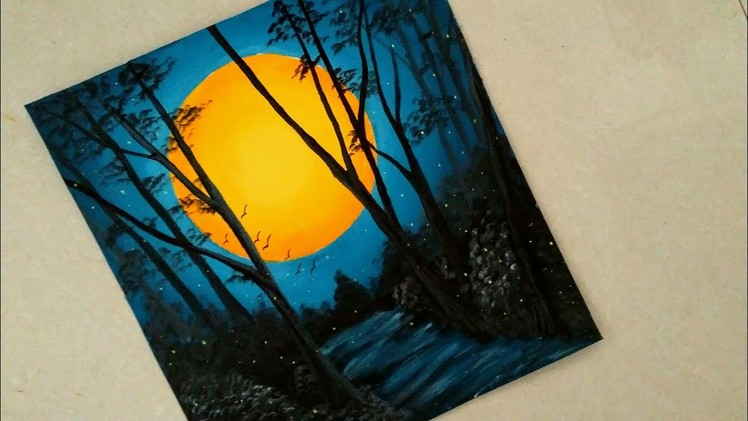 An easy nature night view scenery painting || Sunset Acrylic painting || Sun in the dark scenery ||