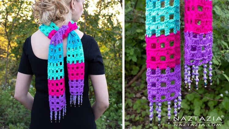 Crochet Summer Jewels Scarf with Pretty Beaded Fringe by Naztazia