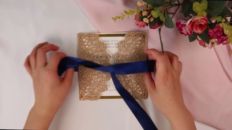 Elegant rose gold and navy blue glitter wedding invitations with gold glitter mirror paper bottom