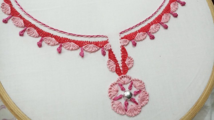 Hand embroidery of a neckline design for ladies shirt or top