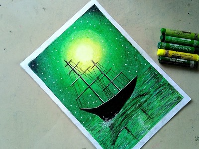 How to Draw green light scenery with Oil Pastels for Beginners - step by step