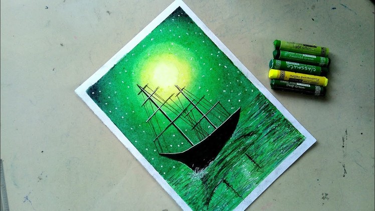 How to Draw green light scenery with Oil Pastels for Beginners - step by step