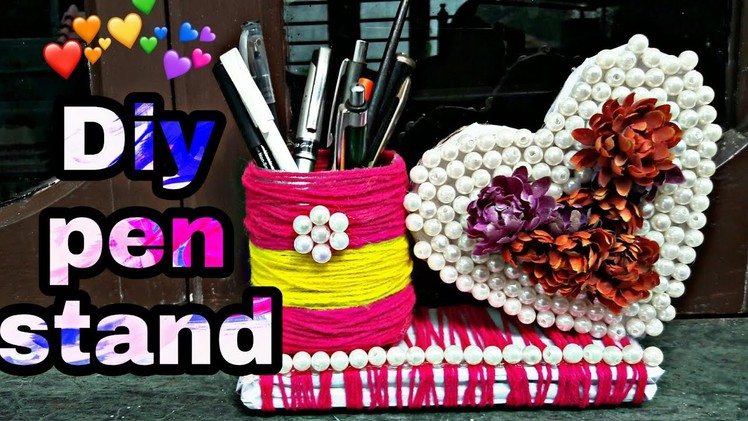Diy How to make pen stand from Cardboard wast plastic bottle ,wool and pearl.Best Use out of wast