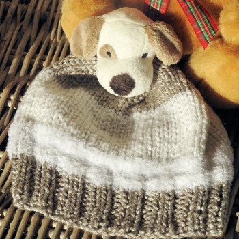 Handmade Child's Knitted Fawn And White Puppy Hat - Free Shipping