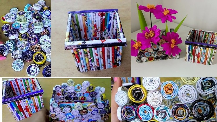 Paper basket ideas.how to make newspaper roll boxes.paper craft idea.paper flower vase.