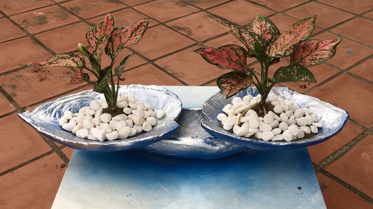 DIY. Excellent Design With Sand And Cement. Double Pots Of Cement And Leaves