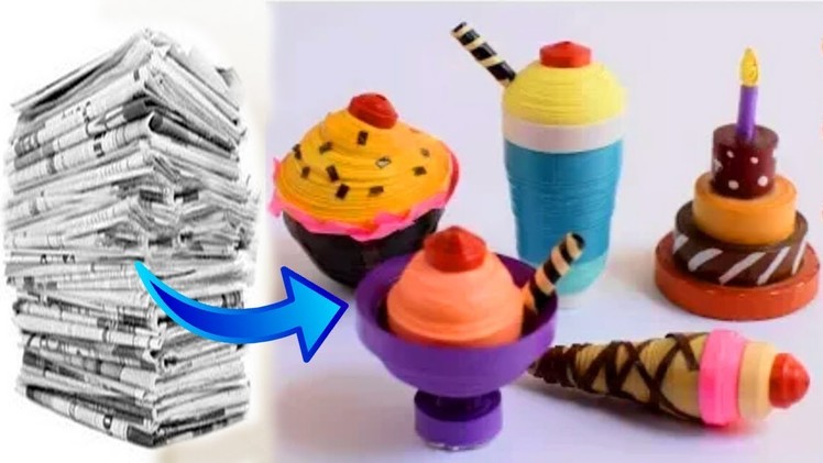 DIY: How to Make Newspaper 3D Cupcake, Ice-cream, Cake.अख़बार के  कागज की मिठाई बनाना सीखे |