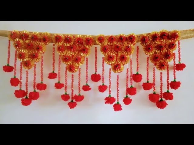 DIY  JHALAR BY PLASTIC RIBBON I BEAUTIFUL DOOR DECORATION WITH POM POM