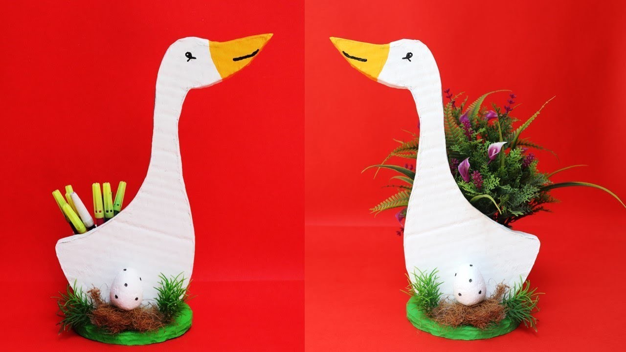 Pen stand making with cardboard || DIY duck flower vase || best out of waste cardboard