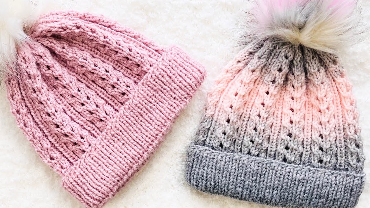 Easy Knit Hat For Adults Fern Stitch And Foldable Brim In The Round Left Hand Tutorial Knit Pattern 2313