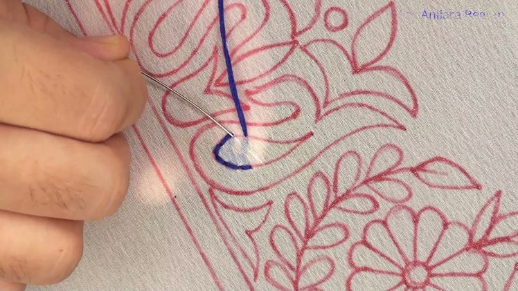 Hand Embroidery New Shadow Work Step by Step Tutorial, Blue Shade Border Embroidery Designs-526