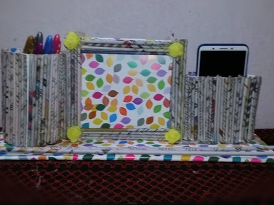 Newspaper craft ideas | How to make Newspaper photo frame, mobile stand and pen holder.