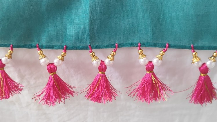 White pearls flower cap beads saree kuchu design | Latest saree kuchu design