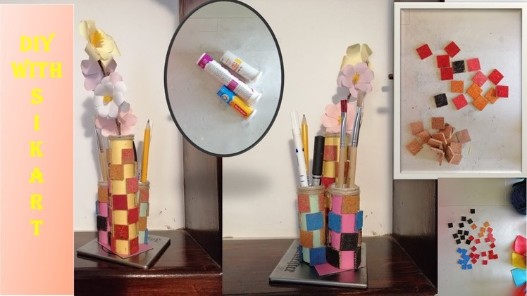 DIY Cum sa faci suport de creioane din tuburi de plastic.How to make desk organizer.Craft idea &Hack