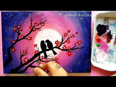 Easy Painting for Beginners | Moonlight Love Bird Painting | Acrylic Painting Tutorial