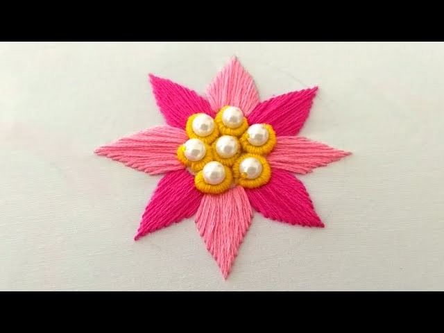 Beautiful hand embroidery flower design for dress or sari || bullion knot embroidery flower design