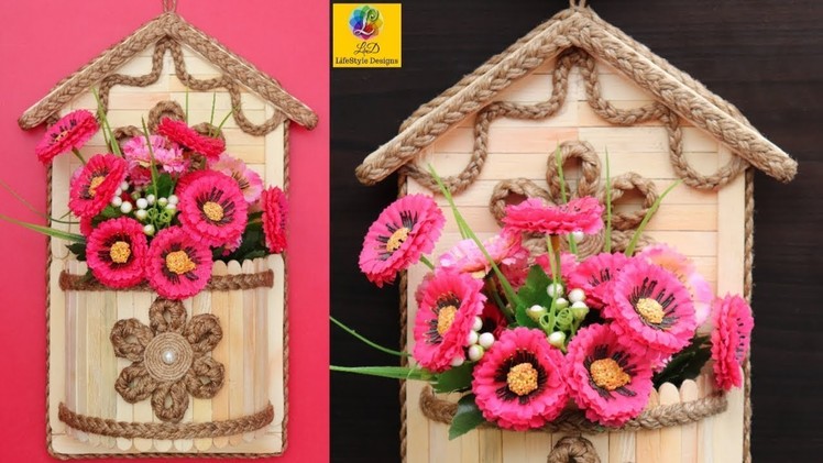 DIY Wall Hanging Flower Vase with Jute Rope & Popsicle sticks | Wall Decor Jute Craft Idea