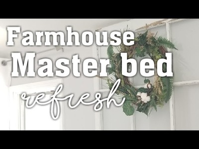 Farmhouse master bed refresh: PLUS two DIY wall decor projects!