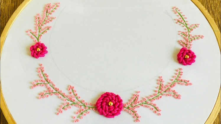 Hand embroidery neck design for dress || bullion rose and french knot embroidery design for dress