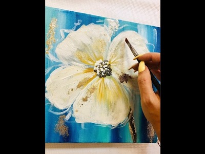 How to draw easy flowers painting with gold leaf. Demonstration.Acrylic Technique