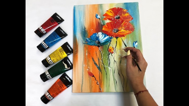 How to draw easy poppies painting. Demonstration.Acrylic Technique on canvas by Julia Kotenko