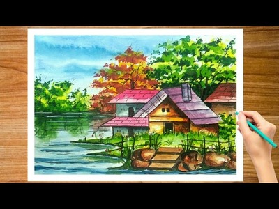 How To draw watercolor river side scenery step by step.easy tricks. 