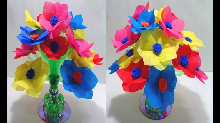 How to Make Colourful Shopping Bag flowers || Reuse of Plastic Bottle || DIY Shopping Bag Flowers