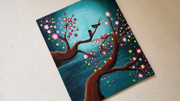 Lovebirds scenery drawing & painting in a moonlight and cherry blossom || Easy cherry blossom flowe