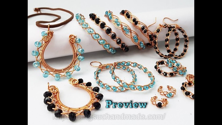 Preview 3 Strand Braid jewelry set from copper wire and small crystal 484