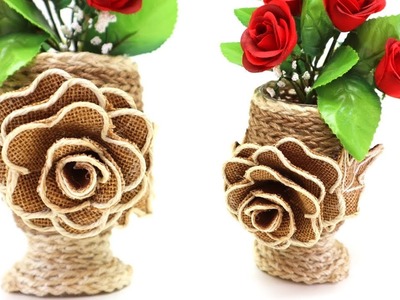 Burlap and Jute Flower Vase with Rose Art and Craft Ideas Handcraft