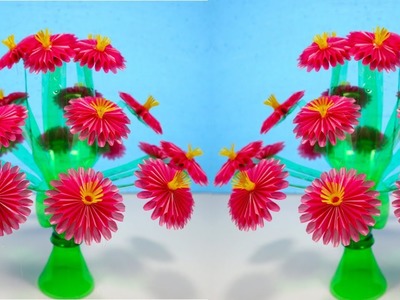 DIY Botol Plastik Bekas & Bunga dari Sedotan | DIY Plastic Bottle Craft & Drinking Straw Flower