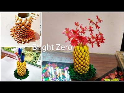 DIY Pista shell craft. Pineapple pen stand & flower pot | 5 minute craft