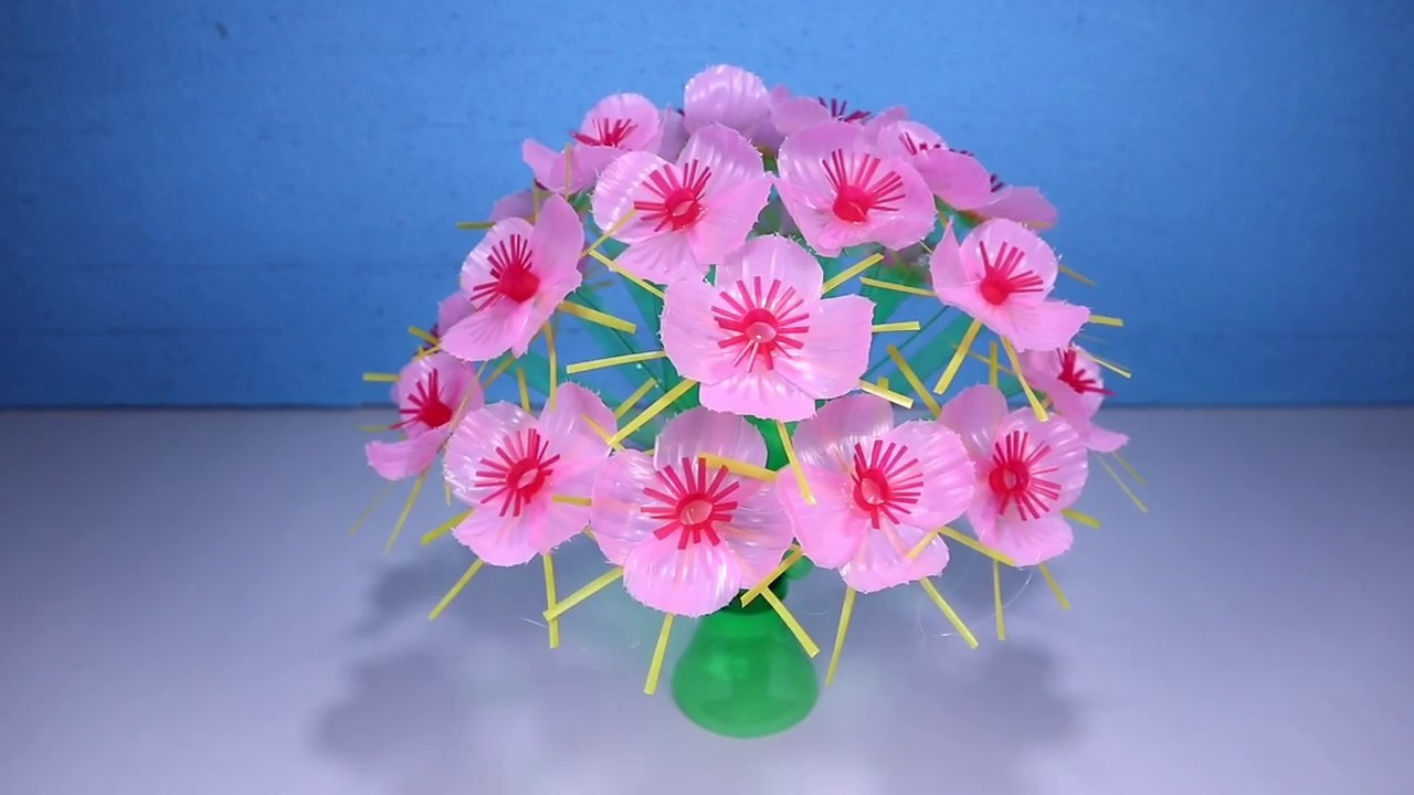 Empty Plastic Bottle Craft & Drinking Straw Flower, DIY ...