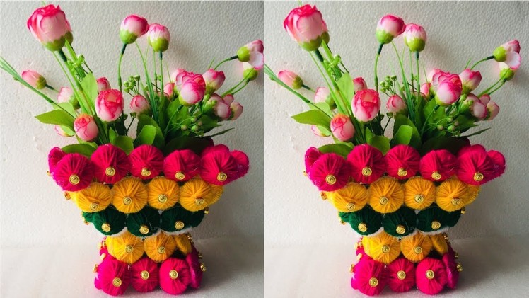 Woollen Craft Idea | Flower Basket Making Out Of Wool & Cardboard | Home Decoration