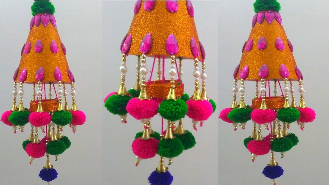 DIY WOOLEN JHUMAR !! WOOL CHANDELIER !! WOOL WIND CHIME !! CRAFT IDEA ...