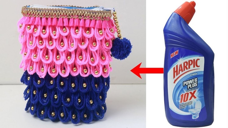 EMPTY HARPIC BOTTLE CRAFT BAG IDEA | Bottle Craft Idea - Woolen Craft | DIY best out of waste