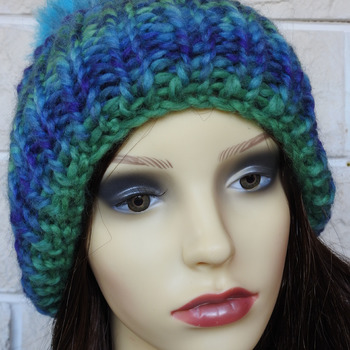 Women's Blue And Green Random Ribbed Hat With A Blue And Grey Pom Pom - Free Shipping