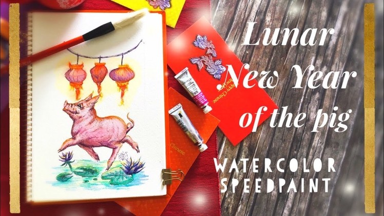 How to draw CNY 2019| Lunar New Year of the Pig | Watercolor | Gongxi fa cai | Draw with me|