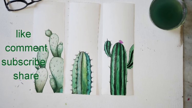 How to draw simple and soft color painting ( three cactuses) [play with different shades of green]