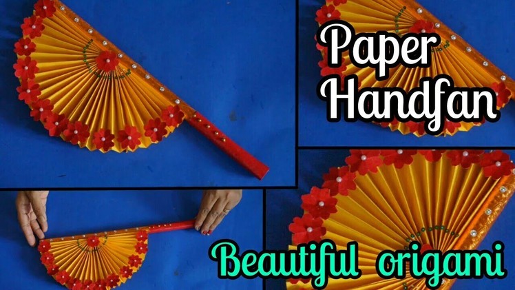 How to make  paper handfan with stick  Beautiful origami