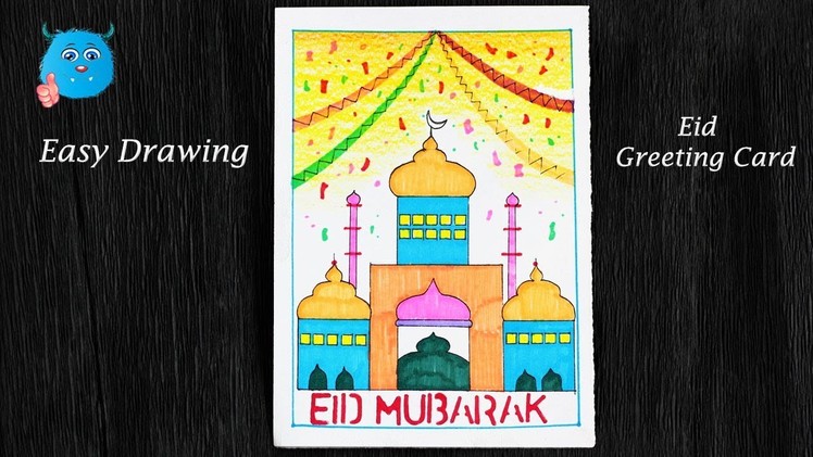 How to Make Handmade Eid Greeting Card Drawing Idea for Kids Easy with Color Pencils