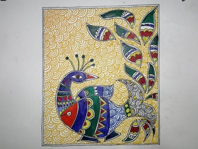 MADHUBANI PAINTING OF PEACOCK AND FISH . | HOW TO DRAW EASY MADHUBANI PAINTING. | MITHILA PAINTING .