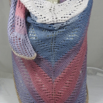 Knitted Women’s Blue, Pink And White Striped Triangular Lace Effect Shawl – Free Shipping