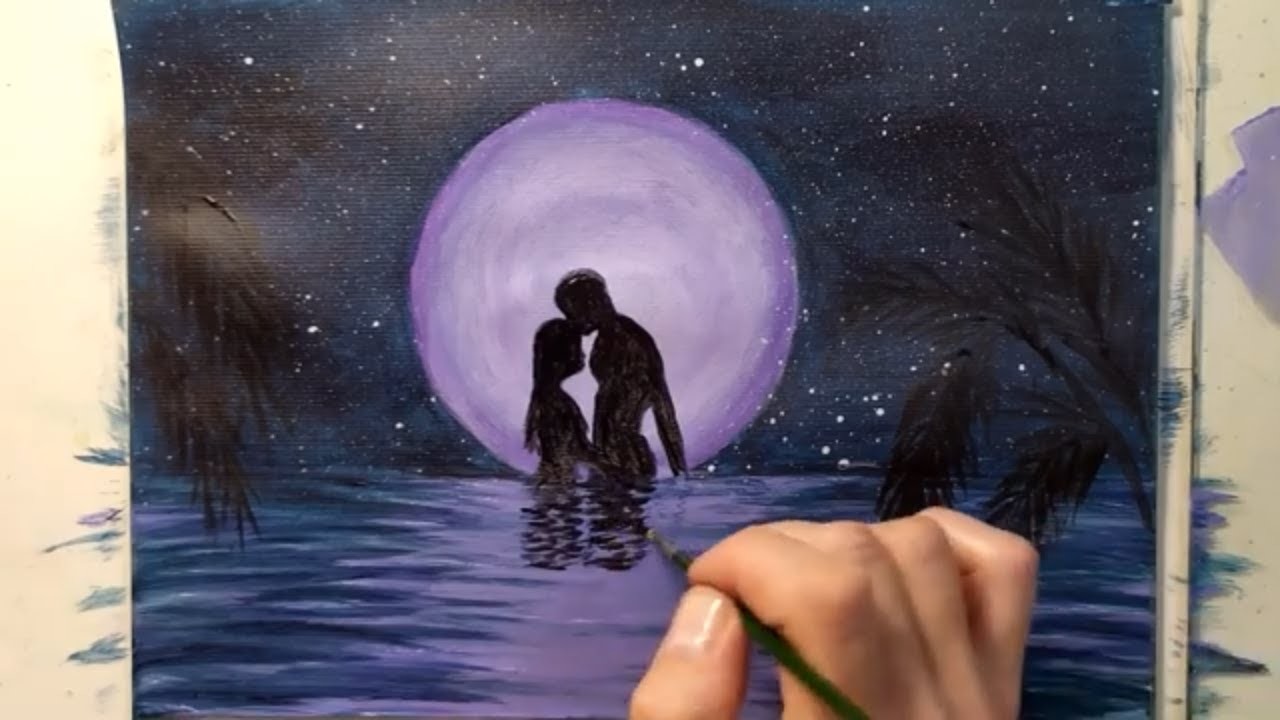 How to draw a moonlit night with colors step by step. DIY Let’s draw it.